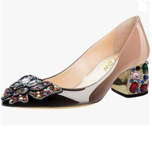 YDN Black/Nude Pointed Toe Bow Pump Rhinestone Block Low Heel Butterfly Shoes